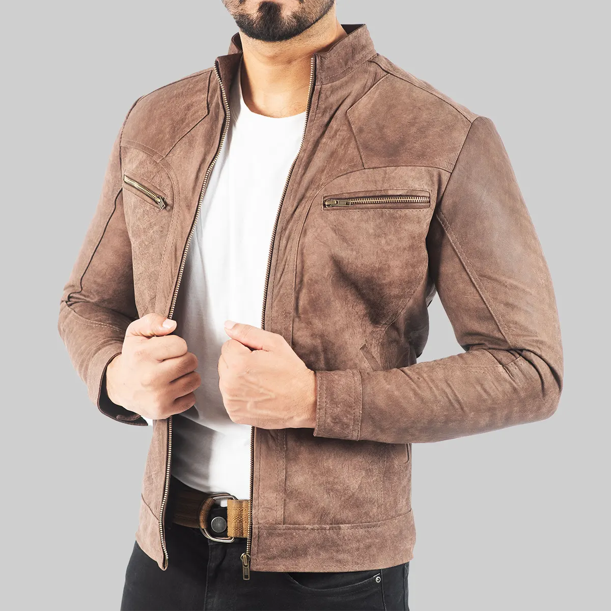 Lush Gear men's distressed leather biker jacket in brown suede style with zipper pockets
