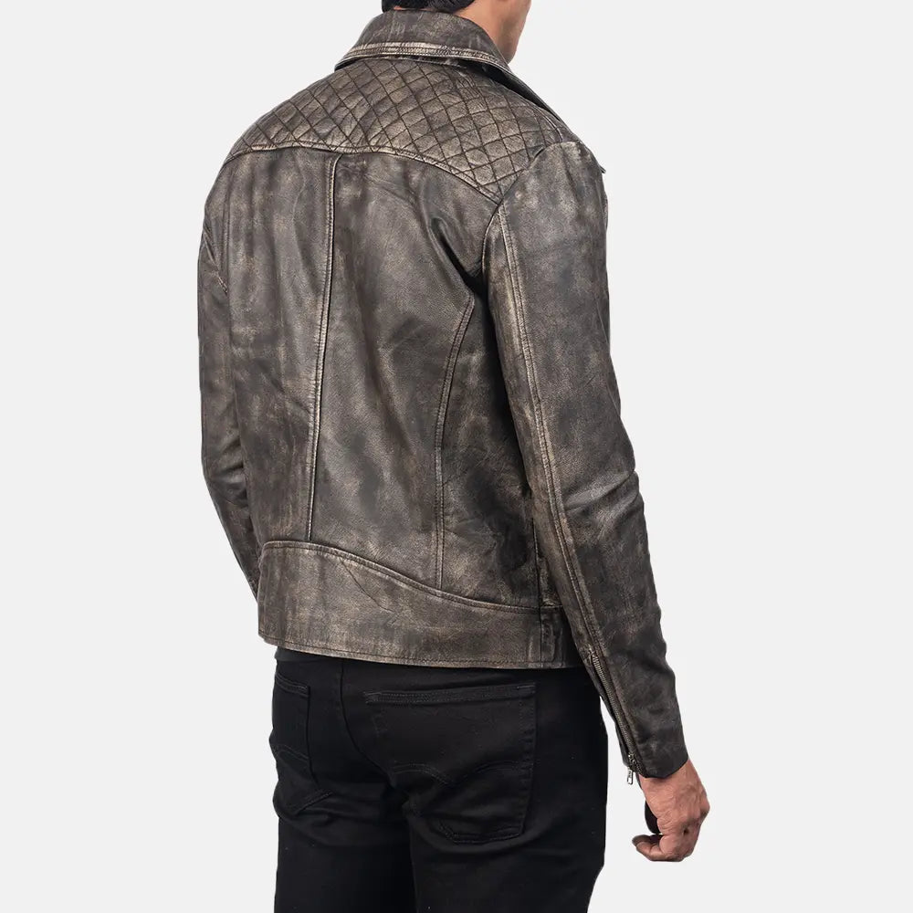 Lush Gear men's distressed leather jacket with quilted shoulder design shown from the back