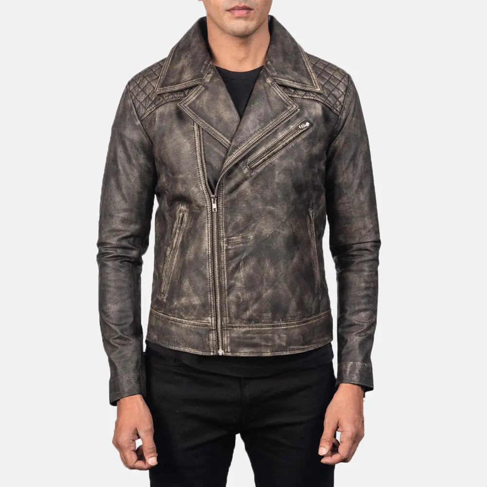 Lush Gear men's distressed leather jacket in vintage black with quilted shoulders and zippered front
