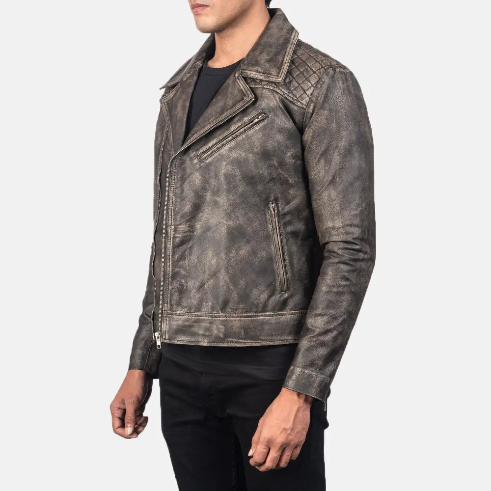Lush Gear men's distressed leather jacket with quilted shoulder design and zippered pockets