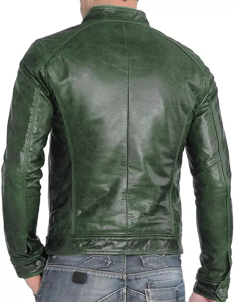 Lush Gear men's distressed leather motorcycle jacket in green shown from the back