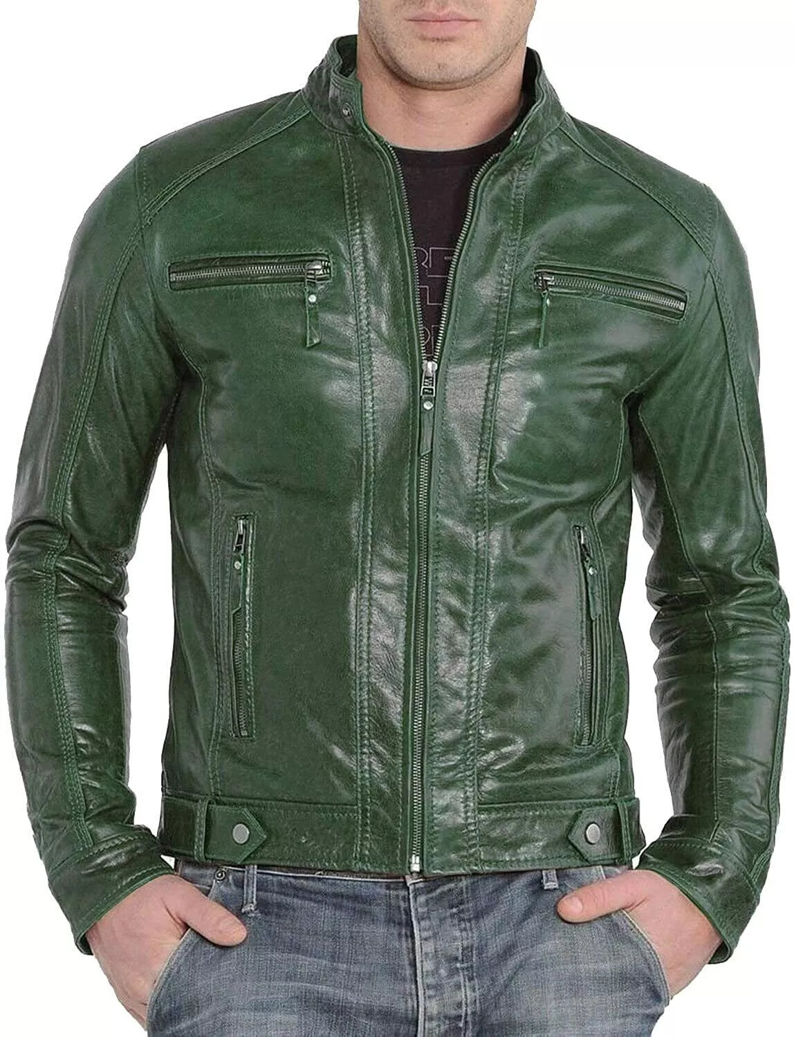 Lush Gear men's distressed leather motorcycle jacket in green with zipper pockets and stand collar