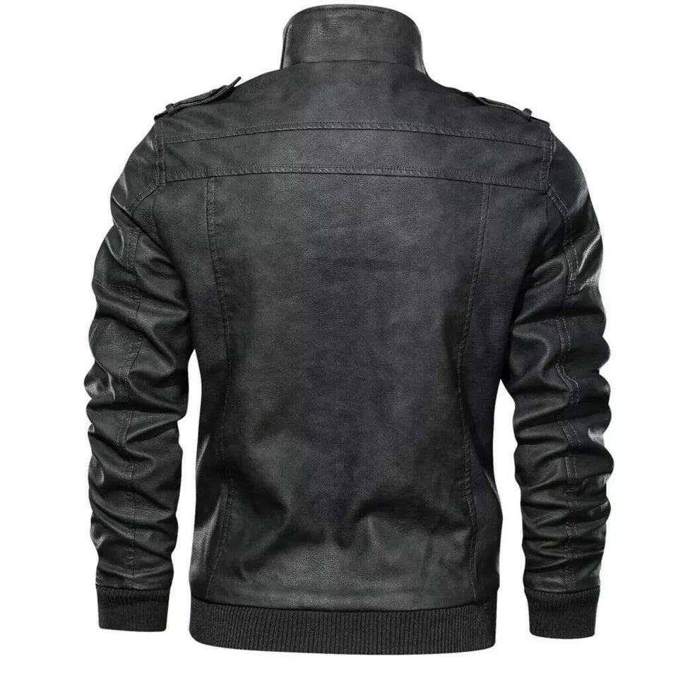 Back view of Men's Faux Leather Jacket Retro Zip-UP Stand Collar Motorcycle Bomber Jackets in black