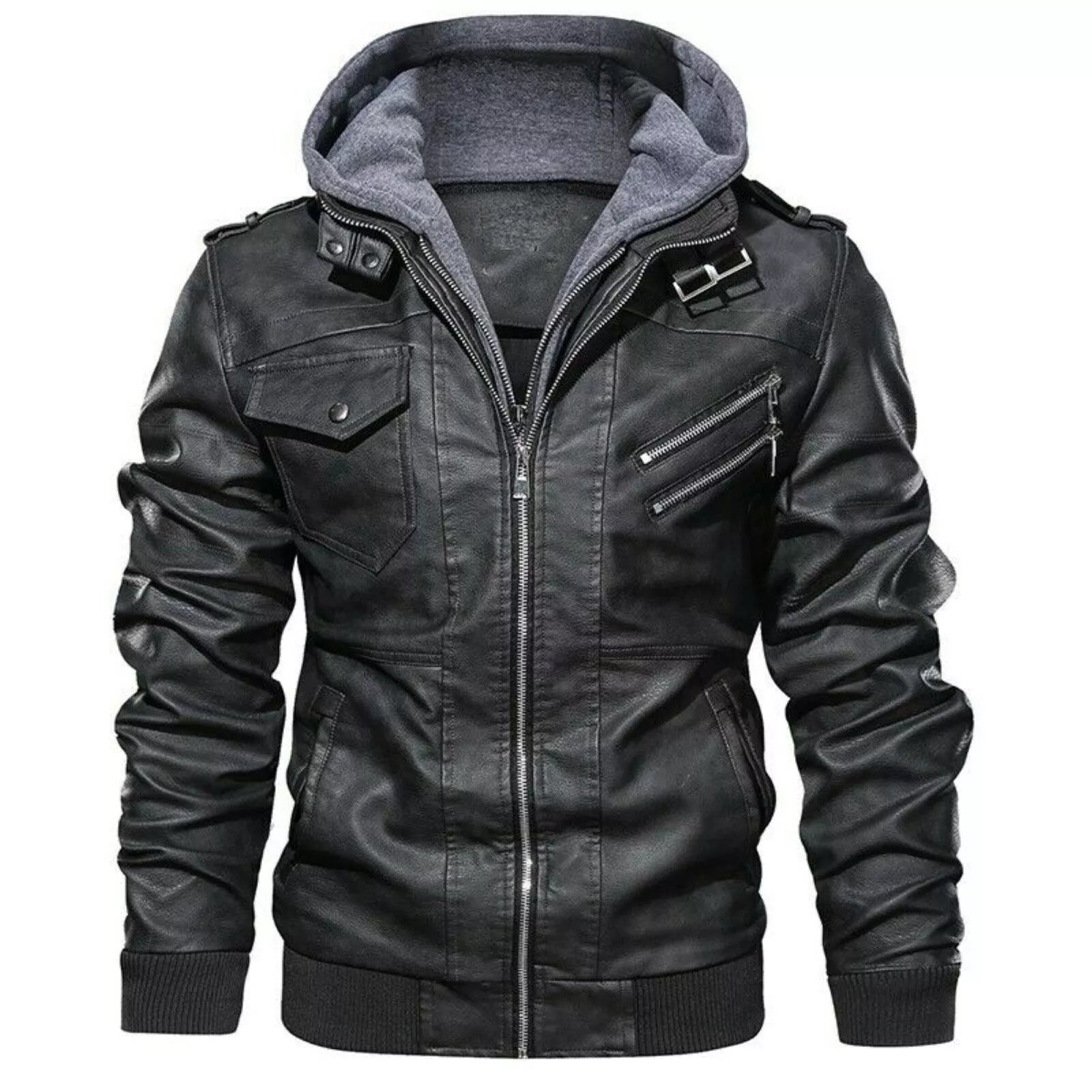 Men's Faux Leather Jacket Retro Zip-UP Stand Collar Motorcycle Bomber Jackets in black with gray hood