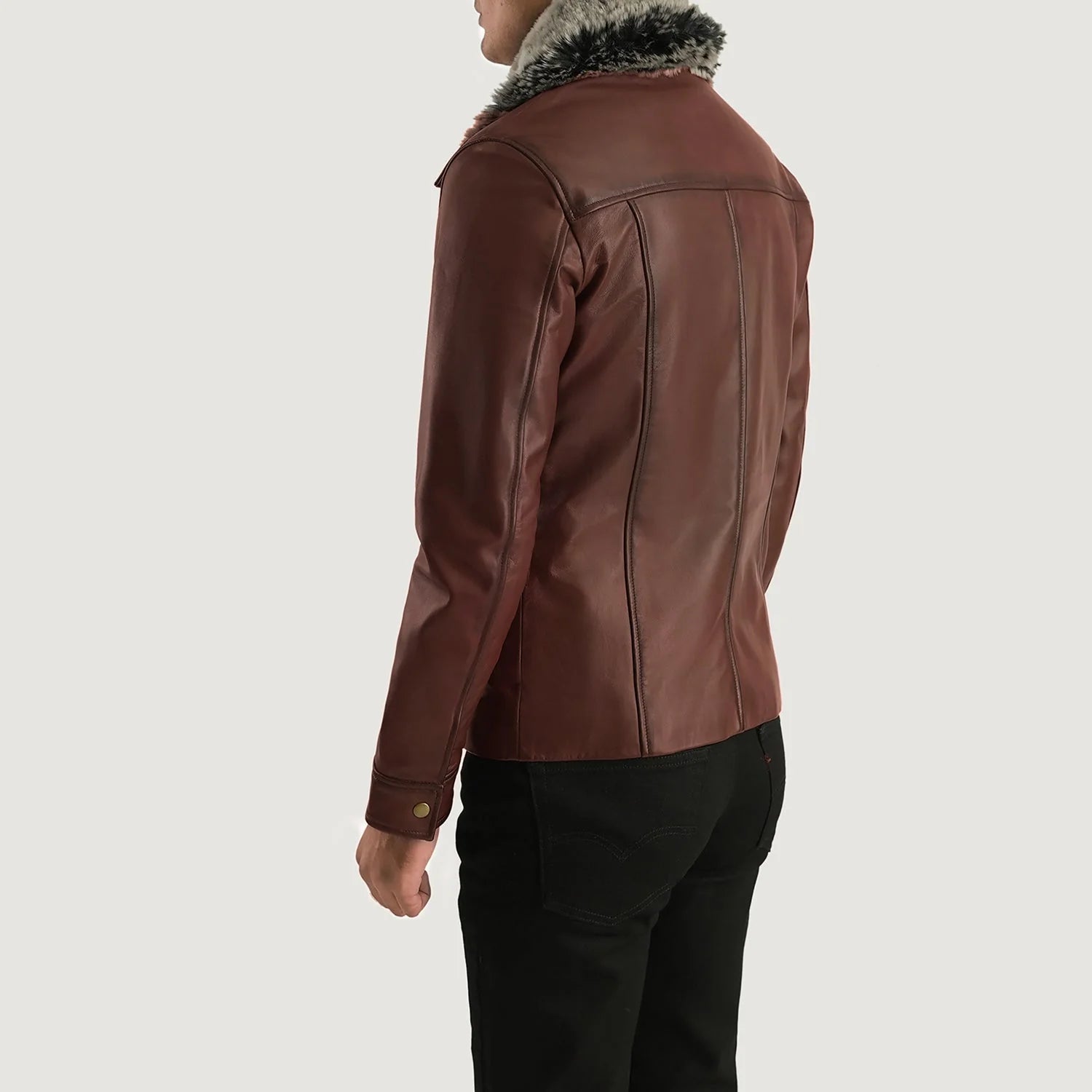 Back view of men's fur collar leather jacket in brown by Lush Gear with black pants