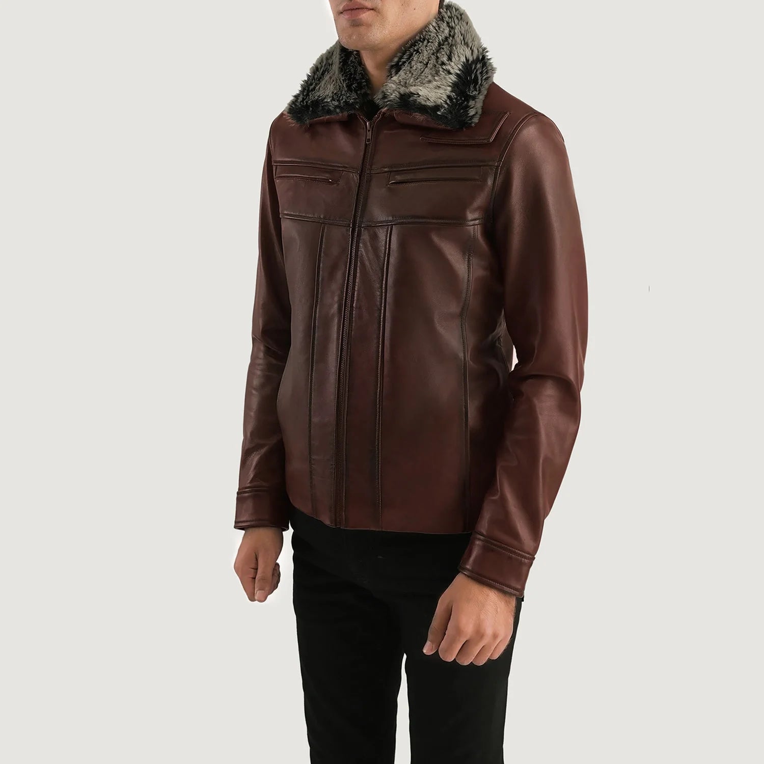 Lush Wear men's fur collar leather jacket in brown with front zipper and black fur detailing