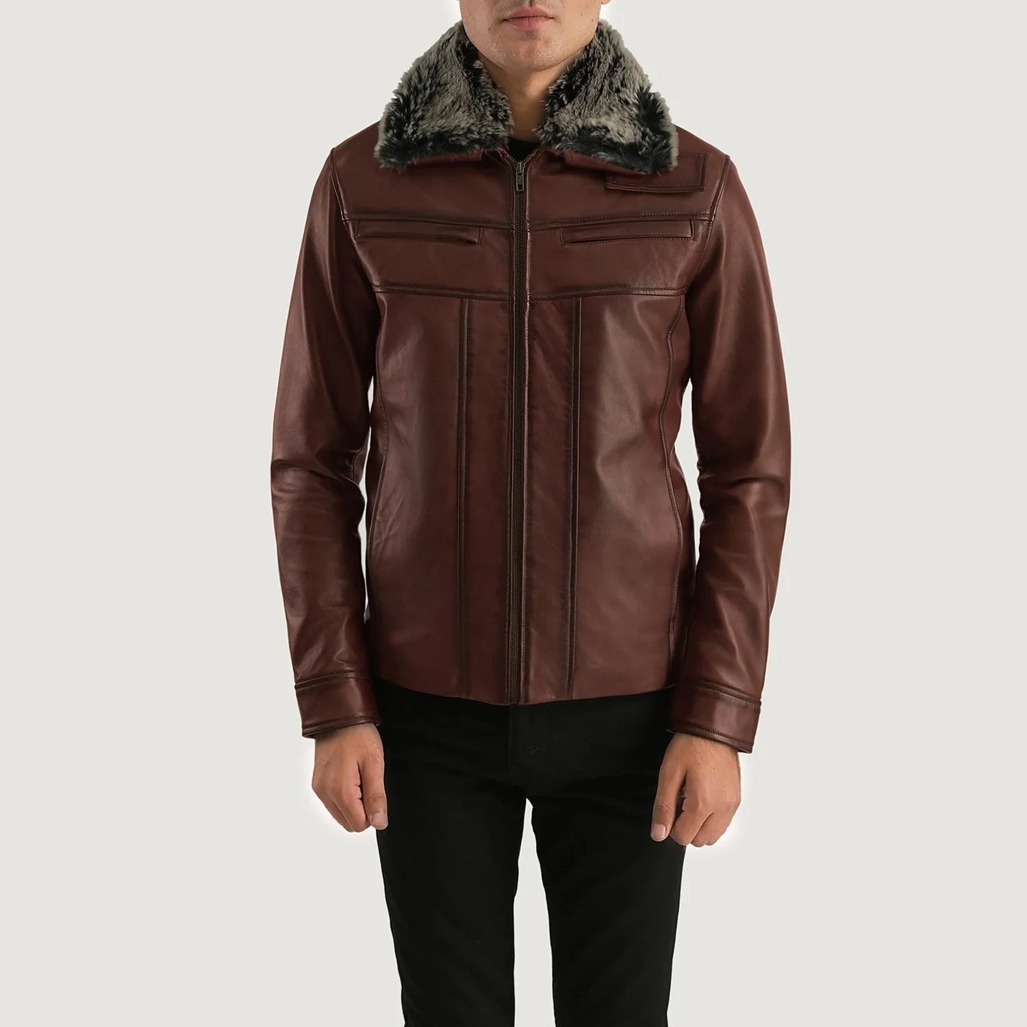 Lush Gear men's fur collar leather jacket in brown with front zipper and side pockets