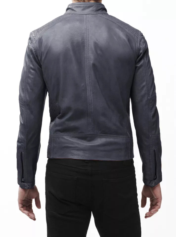 Back view of men's genuine leather biker jacket in gray by Lush Wear with detailed stitching