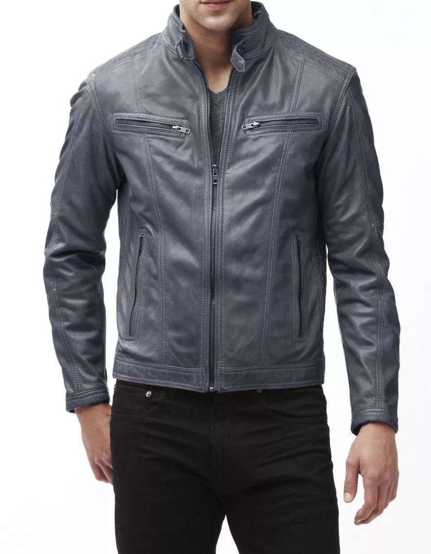 Men's genuine leather biker jacket in gray with zippered pockets and stand collar by Lush Gear