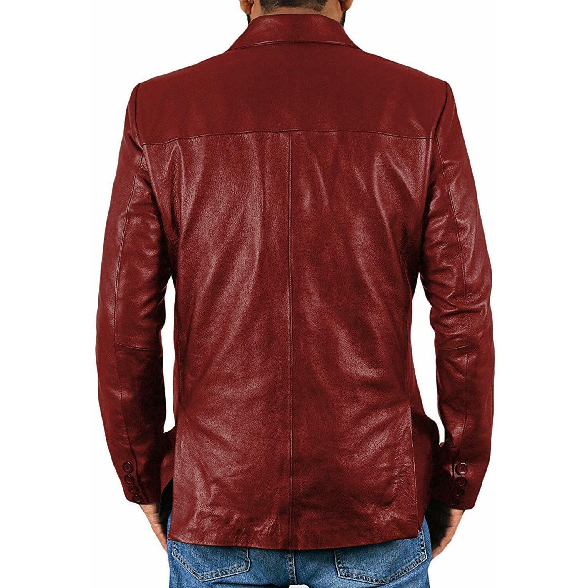 Back view of men's genuine leather blazer in rich brown worn with blue jeans by Lush Gear