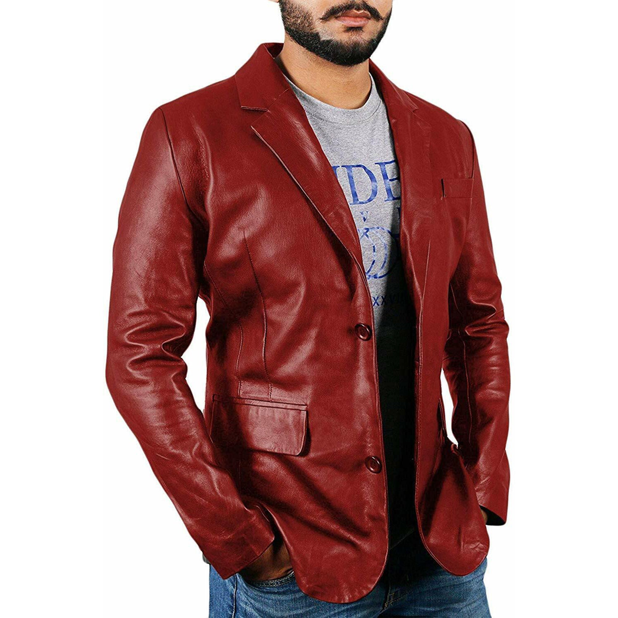 Lush Gear men's genuine leather blazer in deep red with two-button closure and front pockets