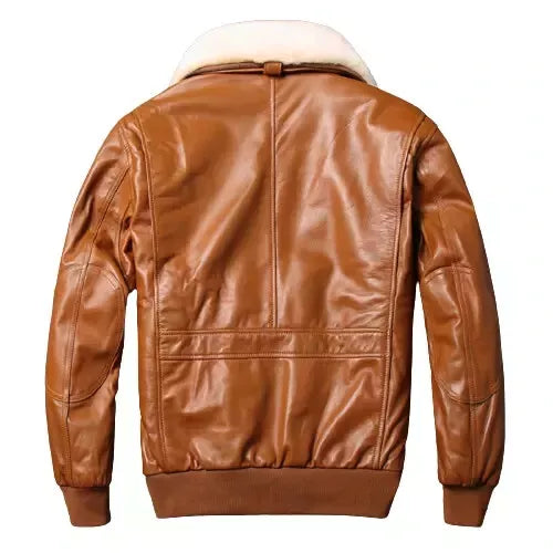 Back view of men's genuine leather bomber jacket in brown with white shearling collar and ribbed cuffs