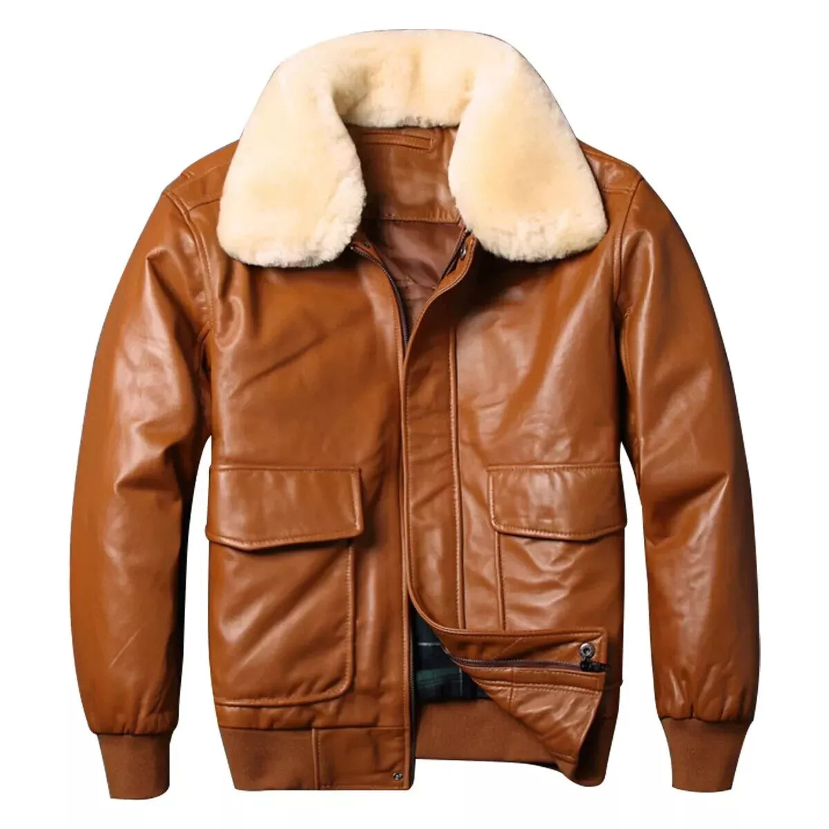 Lush Wear men's genuine leather bomber jacket with tan brown finish and cream shearling collar