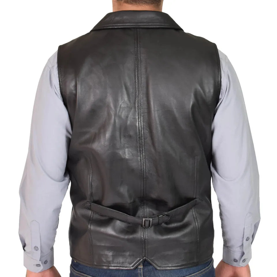 Mens Genuine Soft Leather Waistcoat Western Vest Yelek Rhys Black shown from back on model wearing light gray shirt