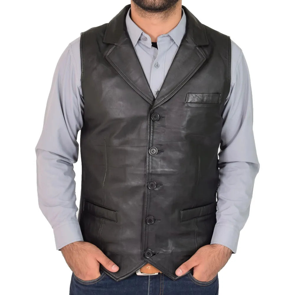 Mens Genuine Soft Leather Waistcoat Western Vest Yelek Rhys Black worn over a gray shirt