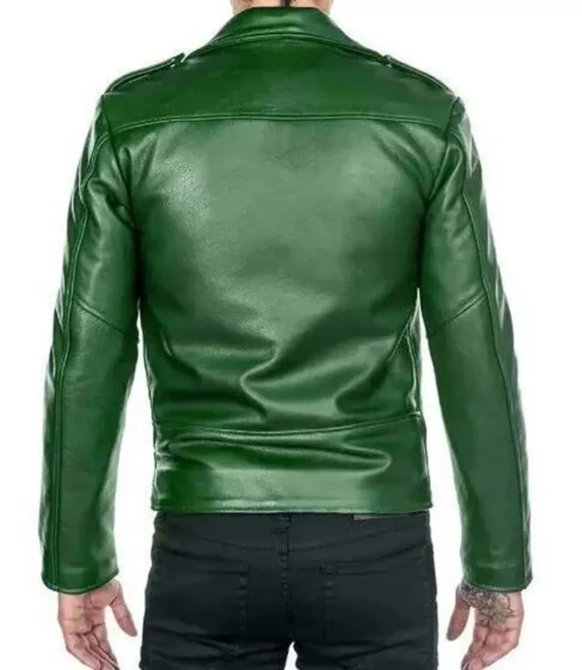 Lush Gear men's green biker leather jacket shown from the back with smooth finish and fitted design