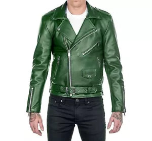 Men's green biker leather jacket from Lush Wear with zipper details and belted waist