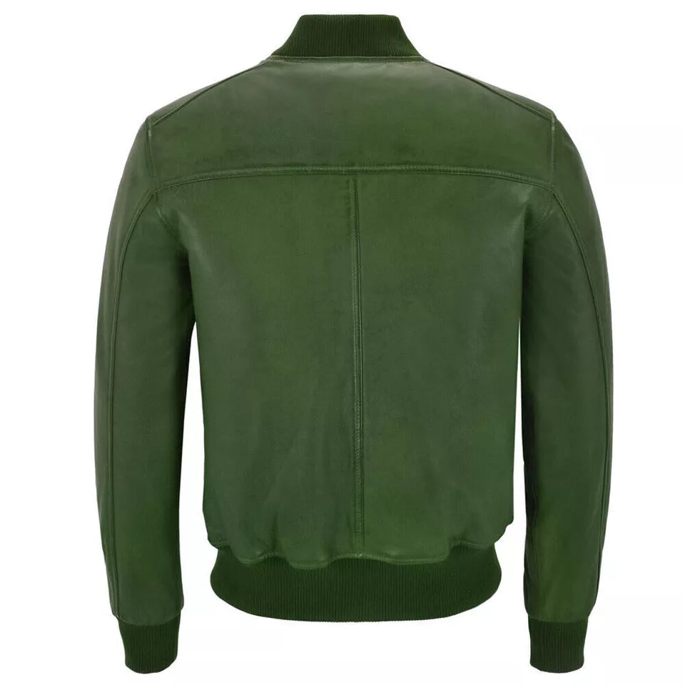 Back view of men's green leather biker jacket with ribbed collar and cuffs by Lush Gear
