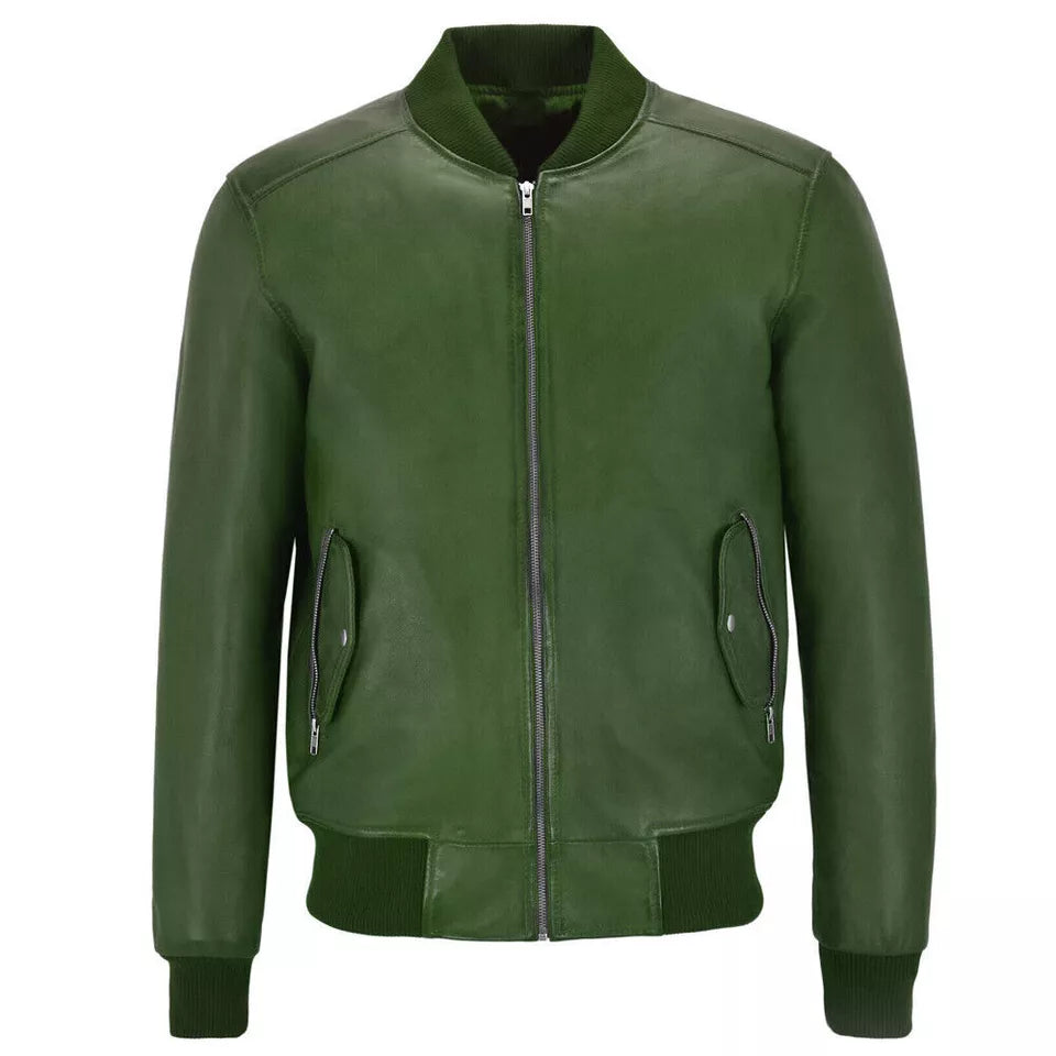 Lush Gear men's green leather biker jacket with zippered pockets and ribbed cuffs