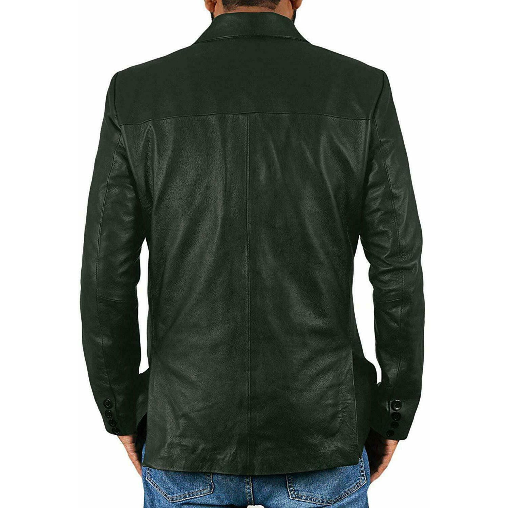 Back view of men's green leather blazer by Lush Gear styled with blue jeans