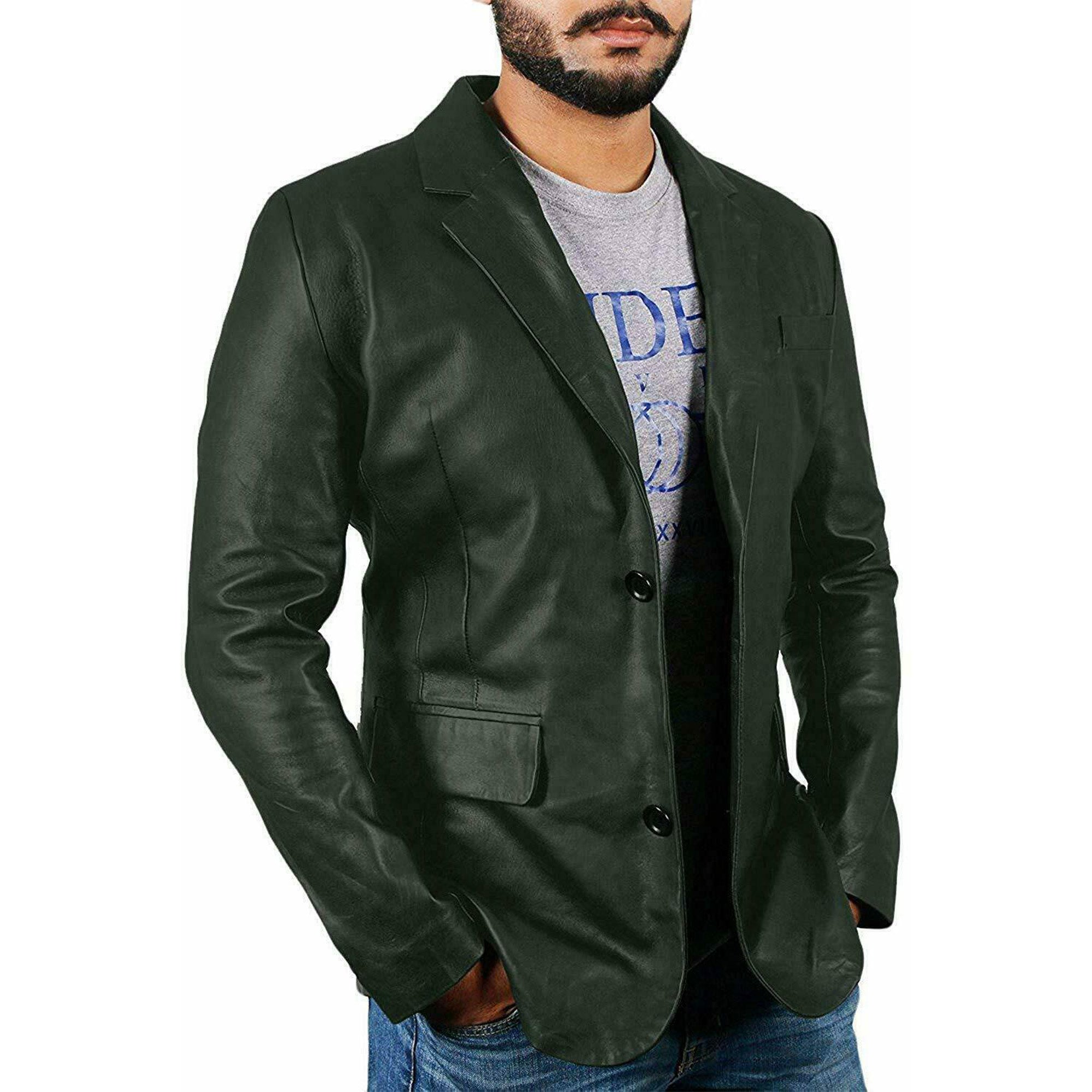 Men's green leather blazer by Lush Wear with a classic two-button design and notch lapels