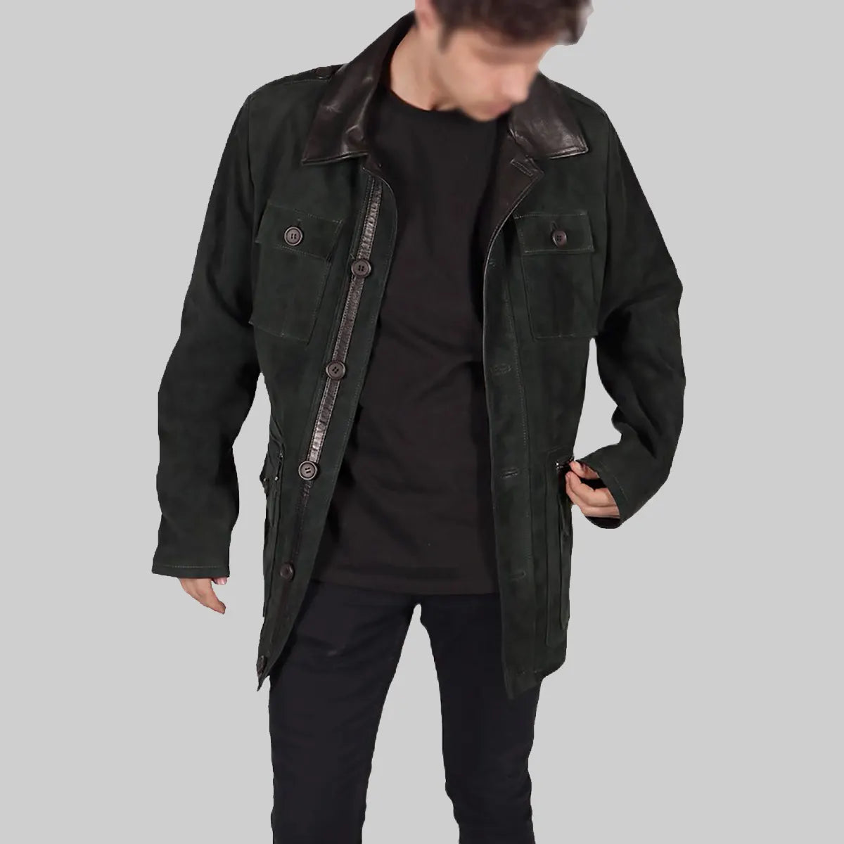 Mens green suede leather jacket by Lush Gear with button closure and black collar