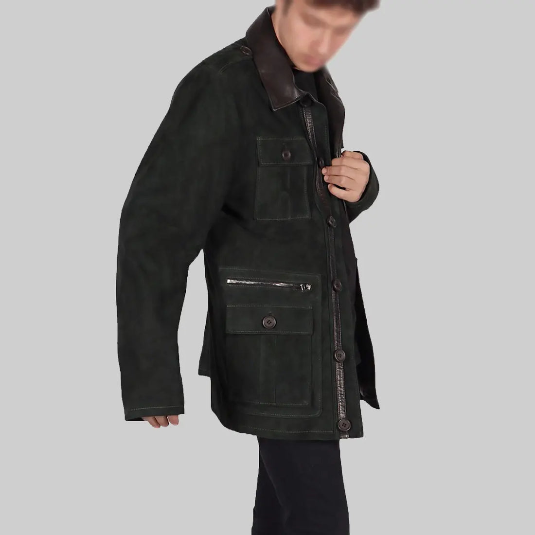 Mens green suede leather jacket from Lush Gear featuring button and zipper pockets