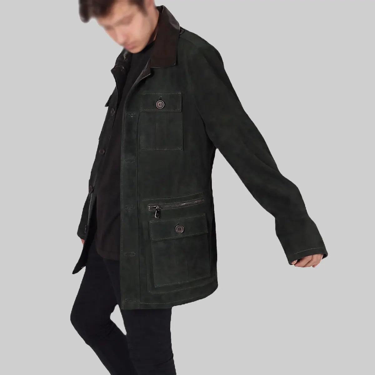 Lush Gear mens green suede leather jacket with buttoned pockets and zip detail on model