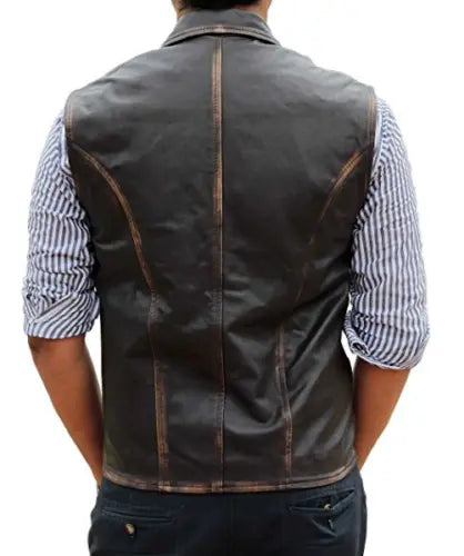 Back view of Men's Hell on Wheels Cullen Bohannan Leather Vest by Lush Gear worn over striped shirt