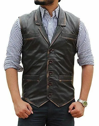 Men's Hell on Wheels Cullen Bohannan Leather Vest in dark brown worn over striped shirt