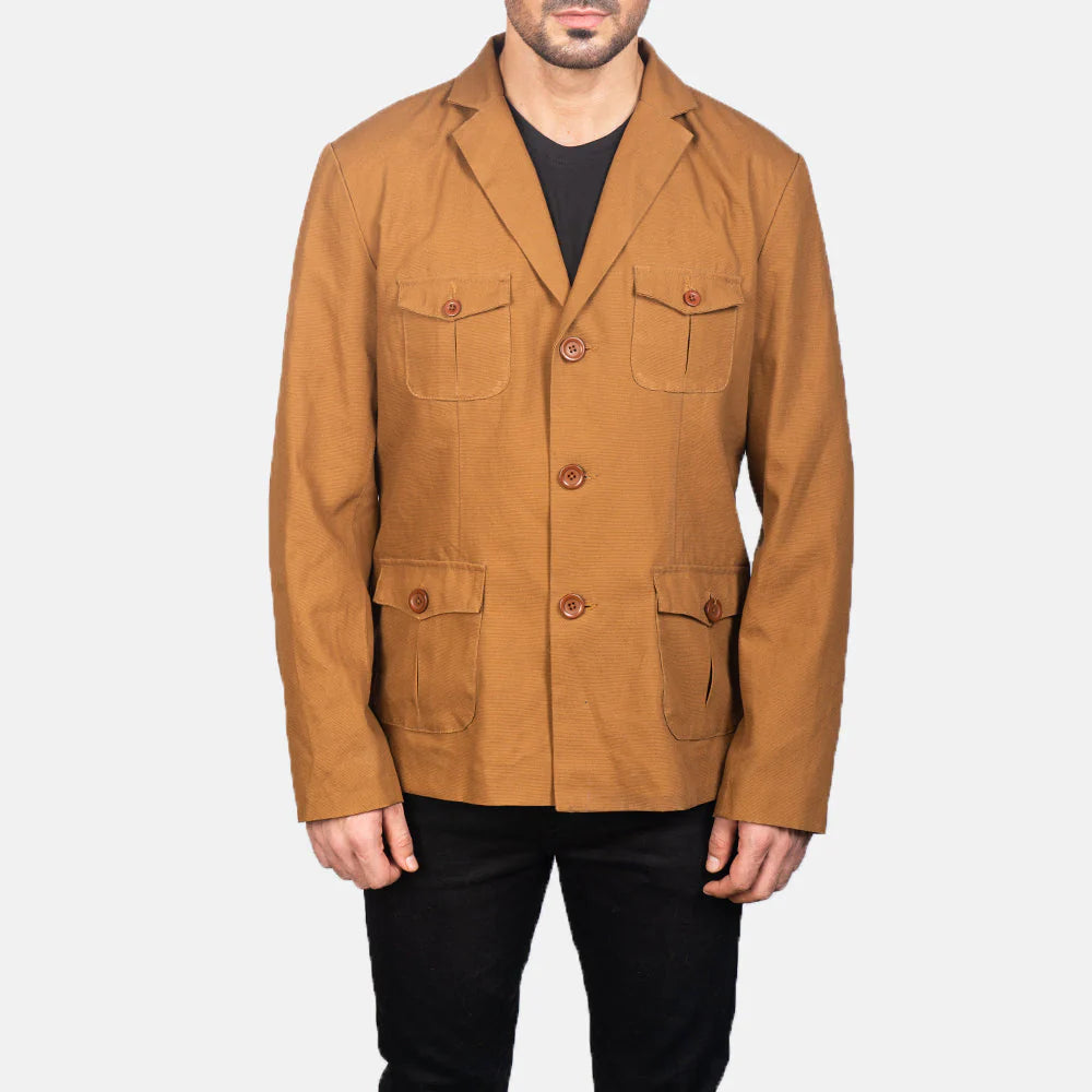 Lush Gear men's khaki safari jacket with button-down front and four flap pockets