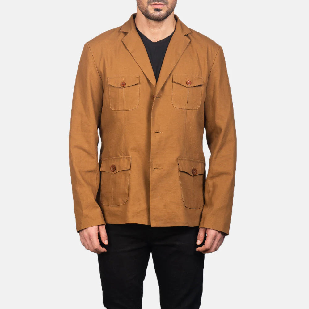 Lush Gear men's khaki safari jacket with buttoned flap pockets and tailored fit