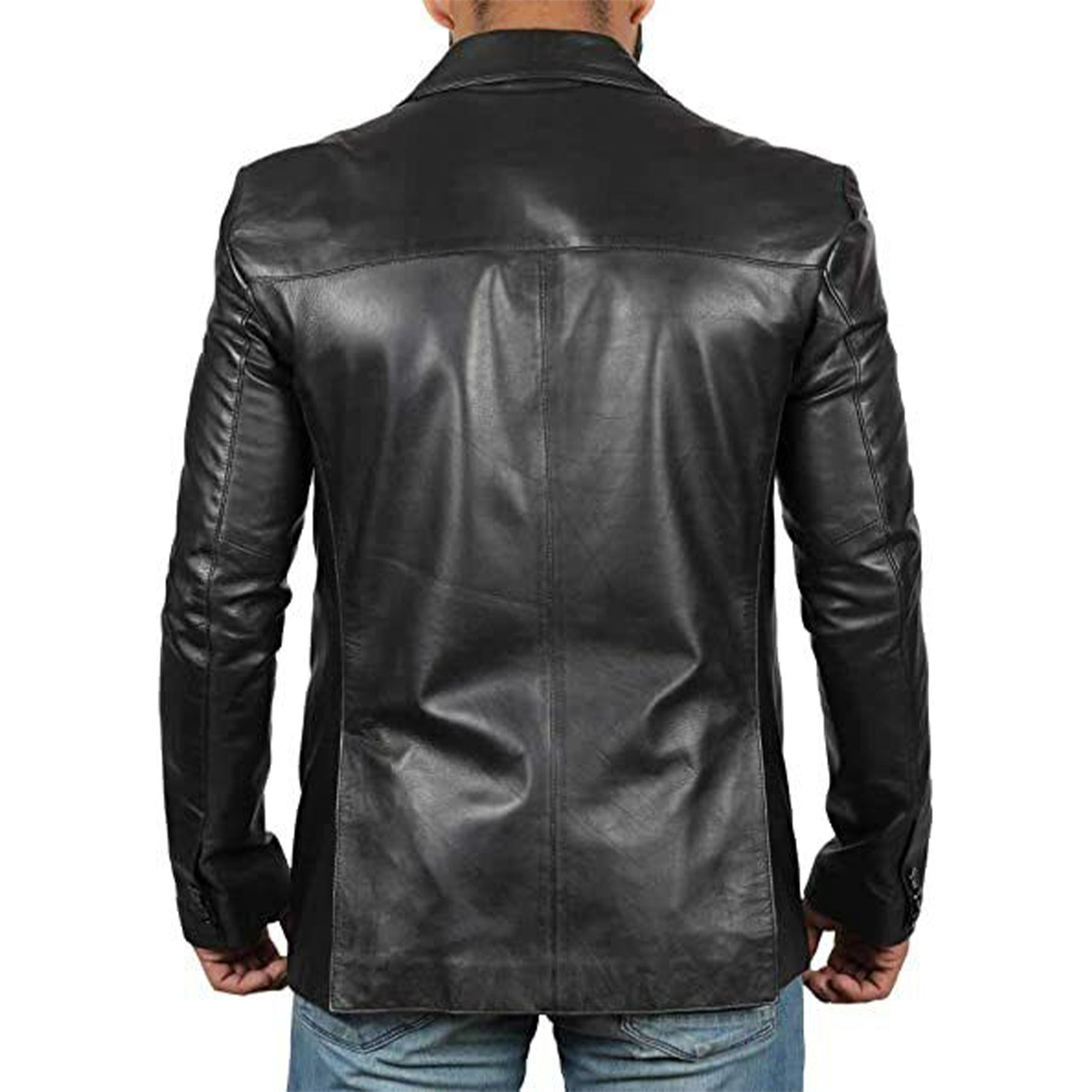 Back view of men's lambskin leather blazer in black worn with blue jeans by Lush Gear