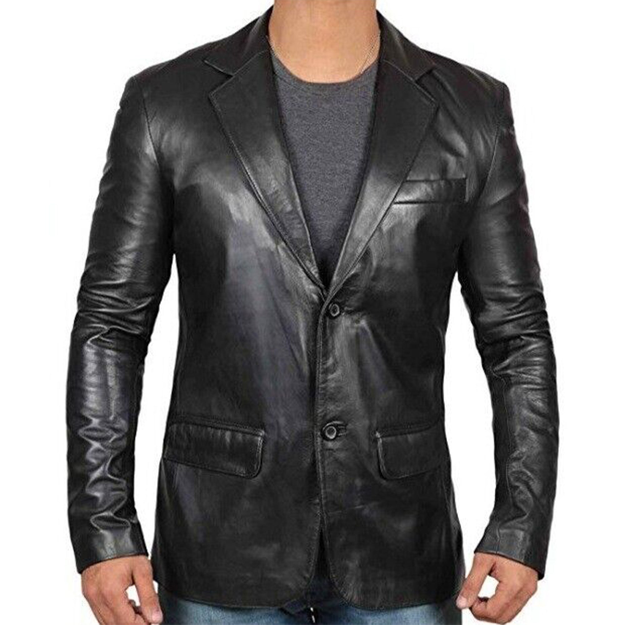 Black men's lambskin leather blazer by Lush Wear with two-button closure and notch lapels