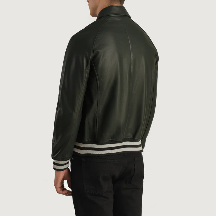 Back view of men's leather bomber jacket in black with striped cuffs and waistband by Lush Wear