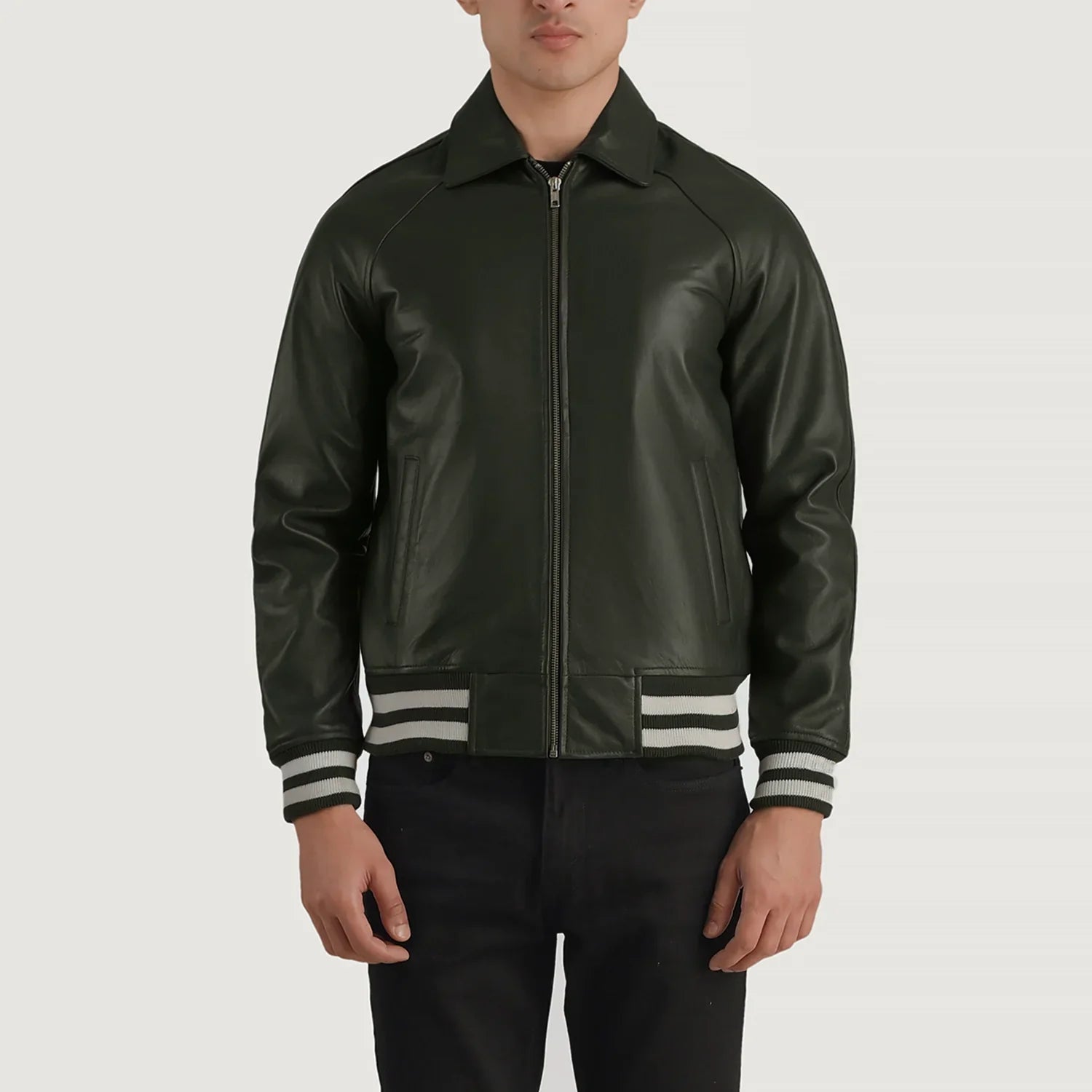 Lush Gear men's leather bomber jacket in dark green with striped cuffs and waistband