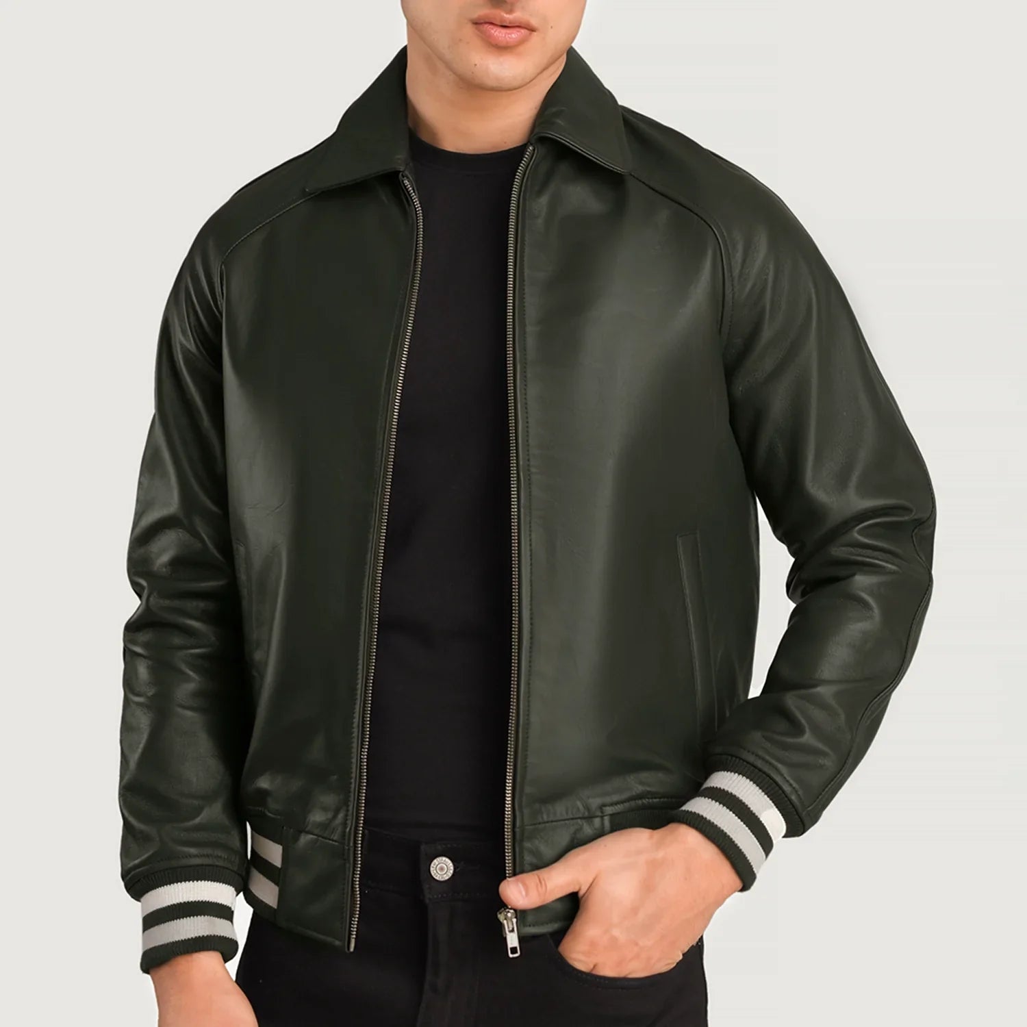 Lush Gear men's leather bomber jacket in dark green with striped ribbed cuffs and collar
