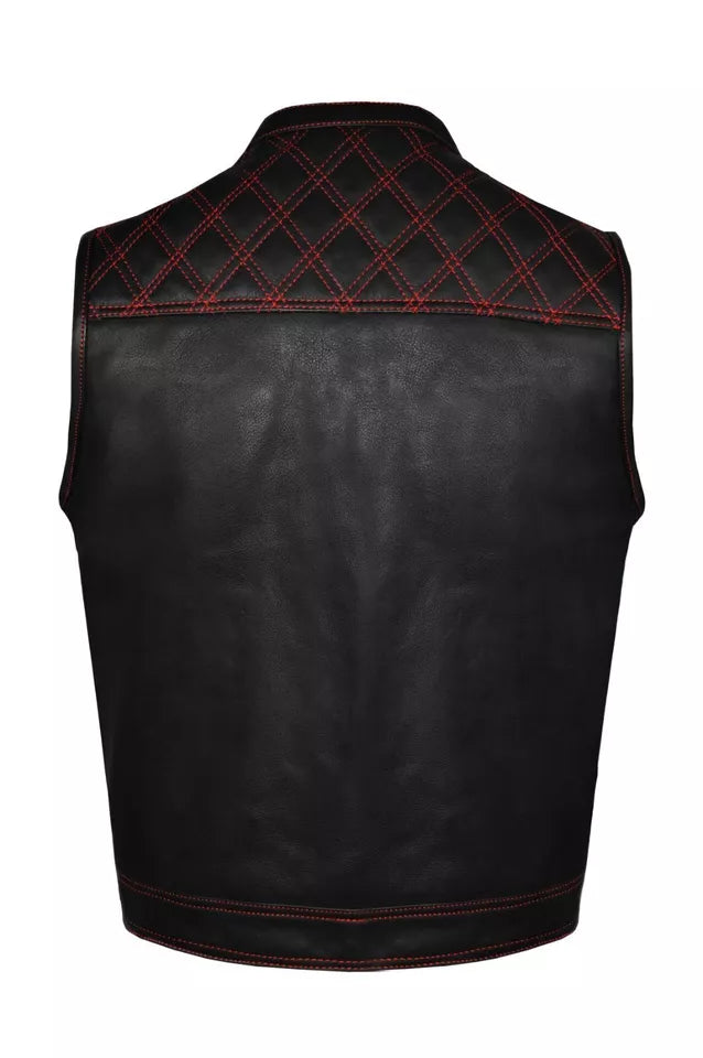 Back view of Mens Leather Club Vest Red Thread with black leather and red diamond stitching
