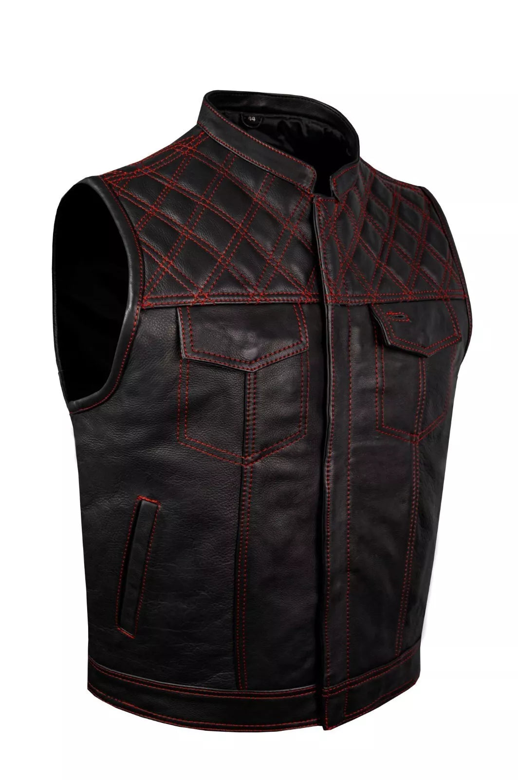 Mens Leather Club Vest Red Thread with quilted shoulders and front pockets by Lush Gear