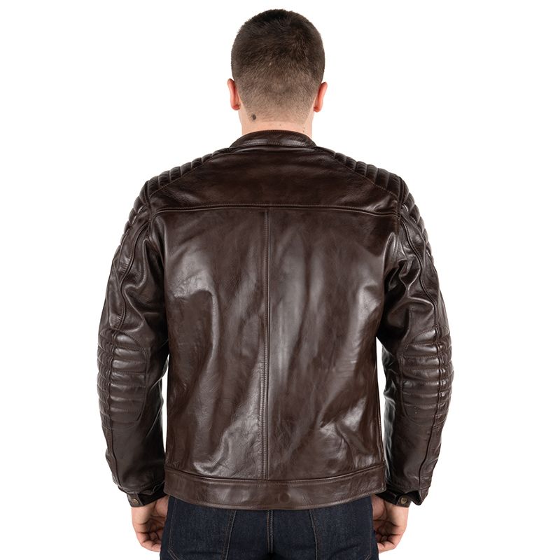 Back view of men's leather motorcycle jacket in dark brown with quilted shoulder and arm detailing