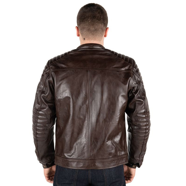 Back view of men's leather motorcycle jacket in dark brown with quilted shoulder and arm detailing