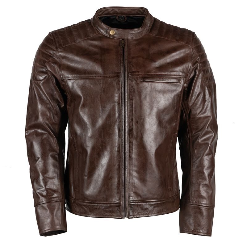 Lush Gear men's leather motorcycle jacket in brown with zip front and snap collar
