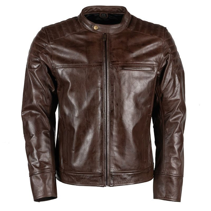 Lush Gear men's leather motorcycle jacket in brown with zip front and snap collar