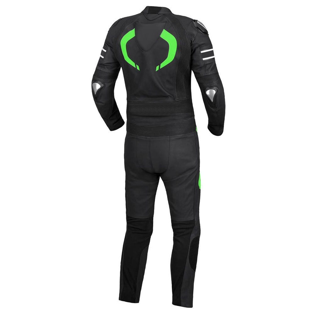 Lush Gear men's leather motorcycle suit in black with green and white accents shown from back
