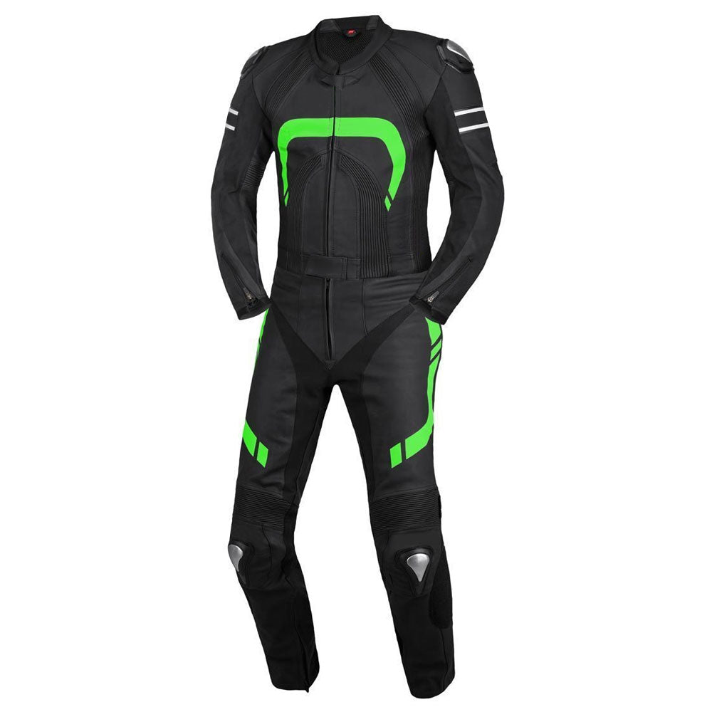 Lush Gear men's leather motorcycle suit in black with green accents and protective padding
