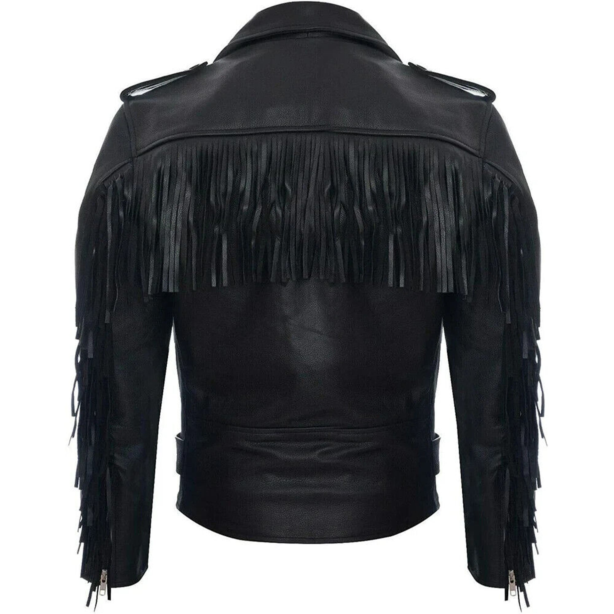 Lush Gear mens leather riding jacket with fringes in black showing back and sleeve fringe details