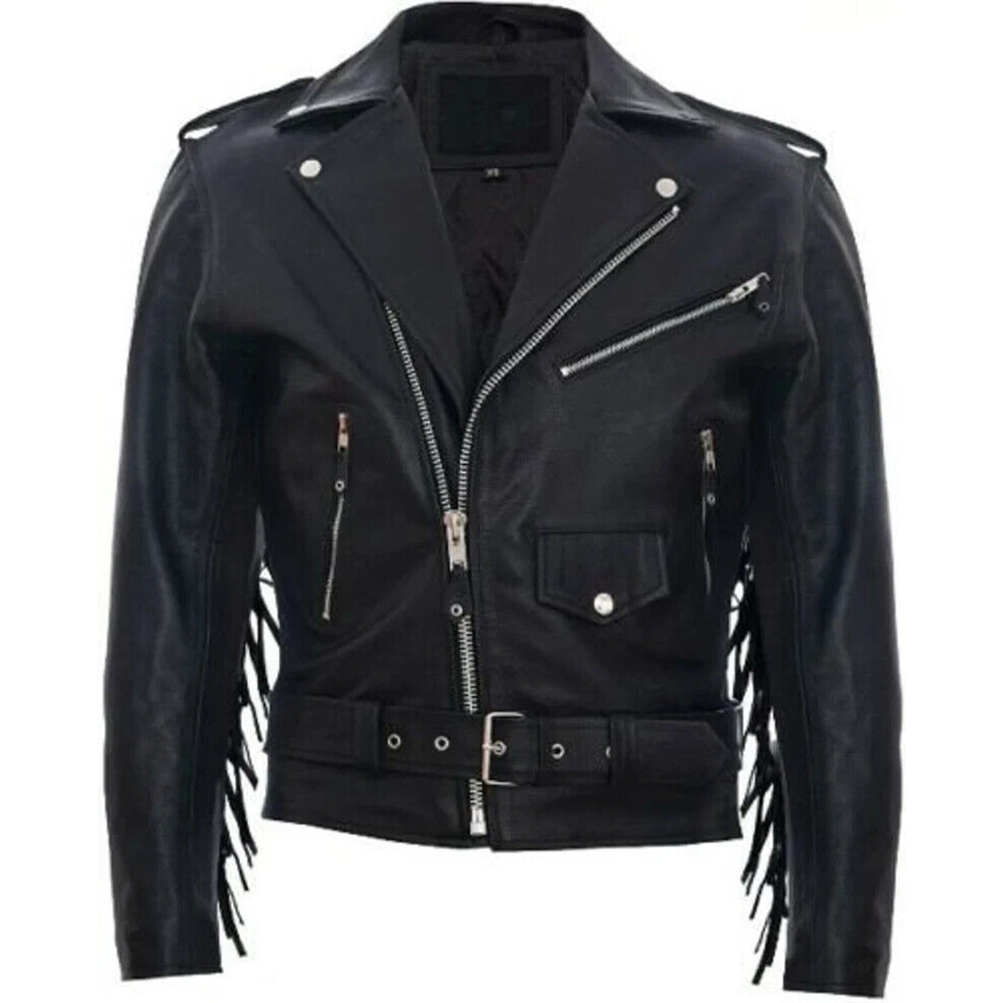 Lush Gear mens leather riding jacket with fringes in black featuring silver zippers and belt