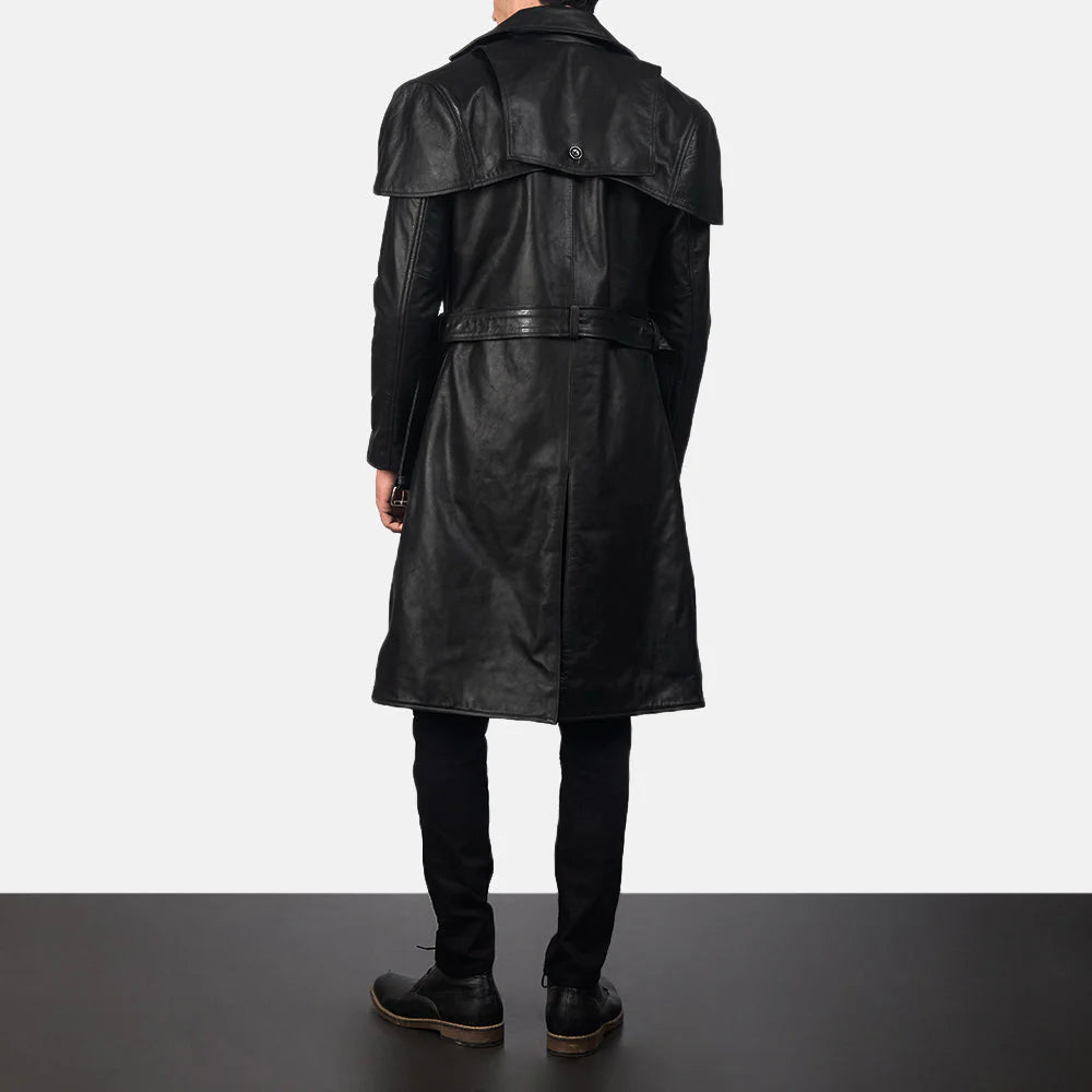 Back view of men's long leather trench coat in black from Lush Gear on model against plain background