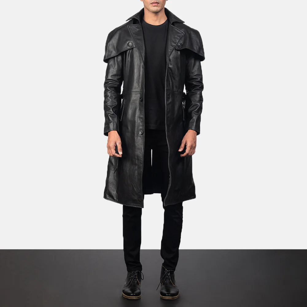 Lush Gear men's long leather trench coat in black with button closure and shoulder detailing