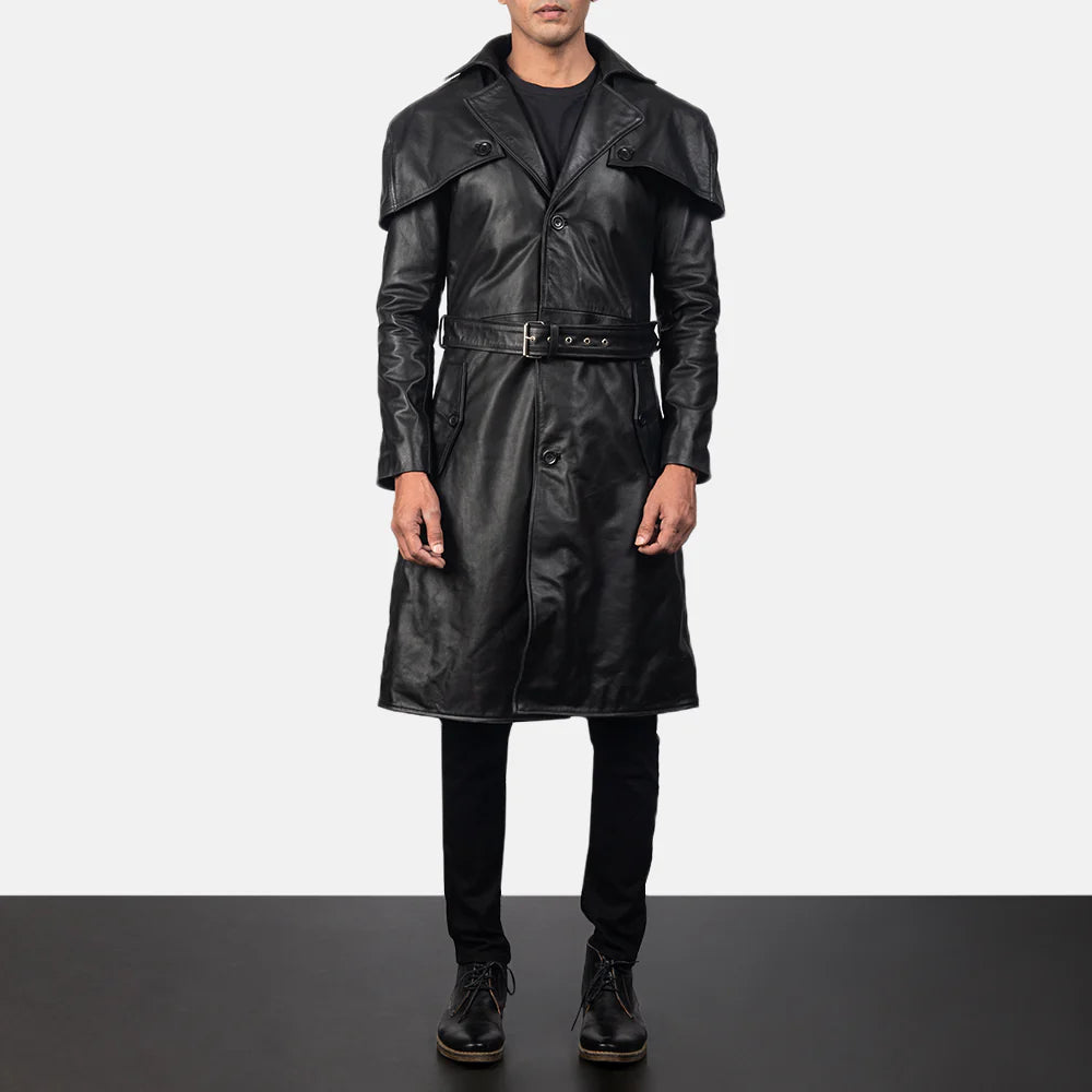 Lush Gear men's long leather trench coat in black with belted waist and button details